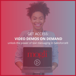 Mogli text messaging for Salesforce video demos on demand thumbnail with beautiful smiling professional black woman holding computer with mogli logo a