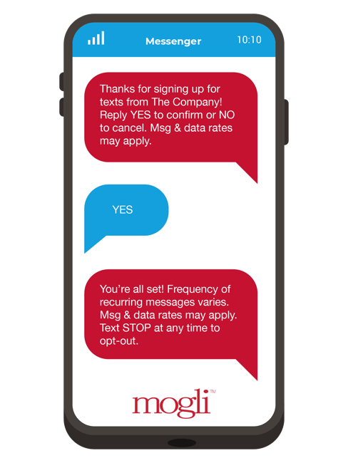 Example text exchange showing a double opt-in SMS marketing strategy