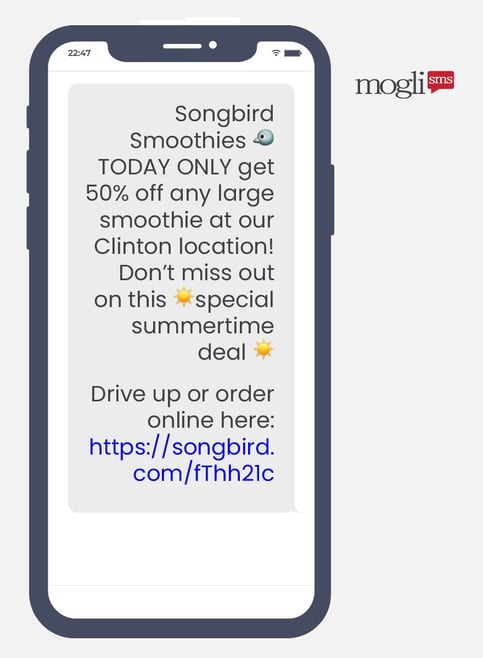 Phone screen graphic showing a promotional SMS marketing message for half-priced smoothies