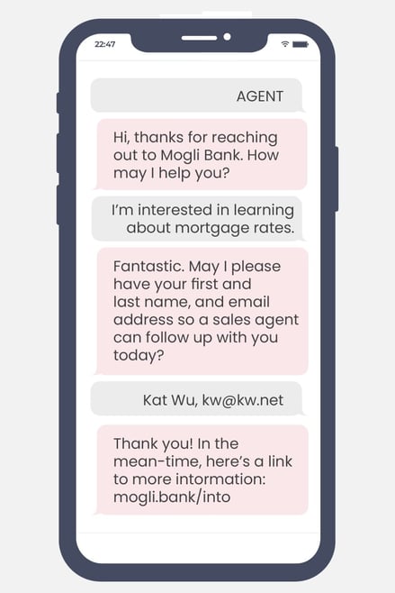 A phone screen showing a two-way conversation between a bank and a customer, representing transactional SMS marketing strategies