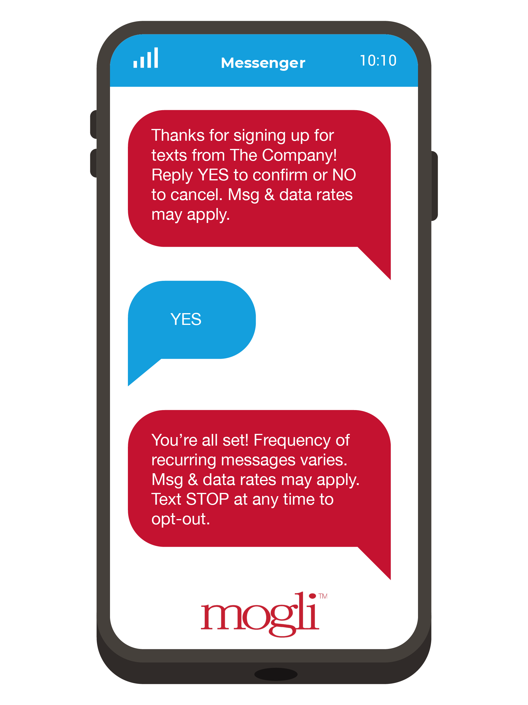 Phone screen showing a double opt-in text message, explained in the text above