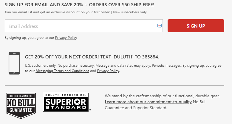 Screenshot of the SMS opt-in keyword information within the footer of the Duluth Trading Co. website