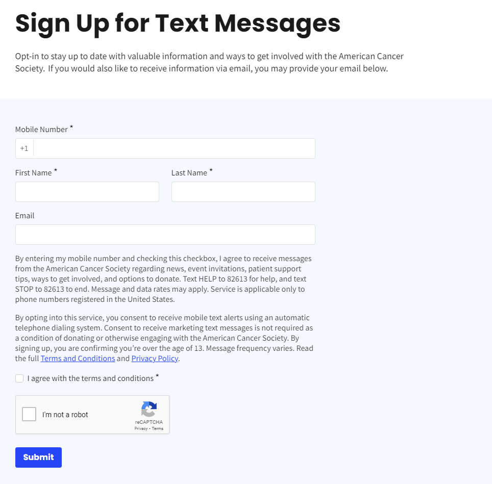 SMS opt-in form on the American Cancer Society website