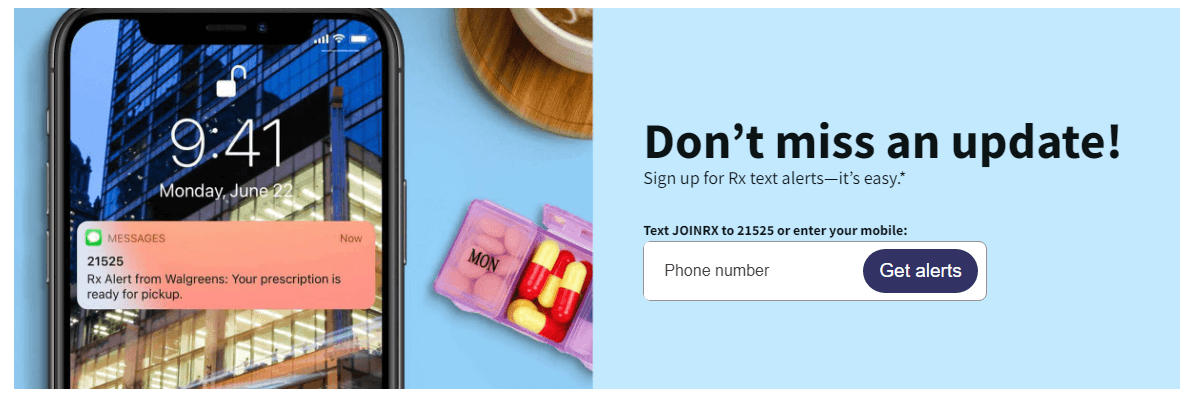 Screenshot of the Walgreens website showing a phone screen and an SMS opt-in keyword
