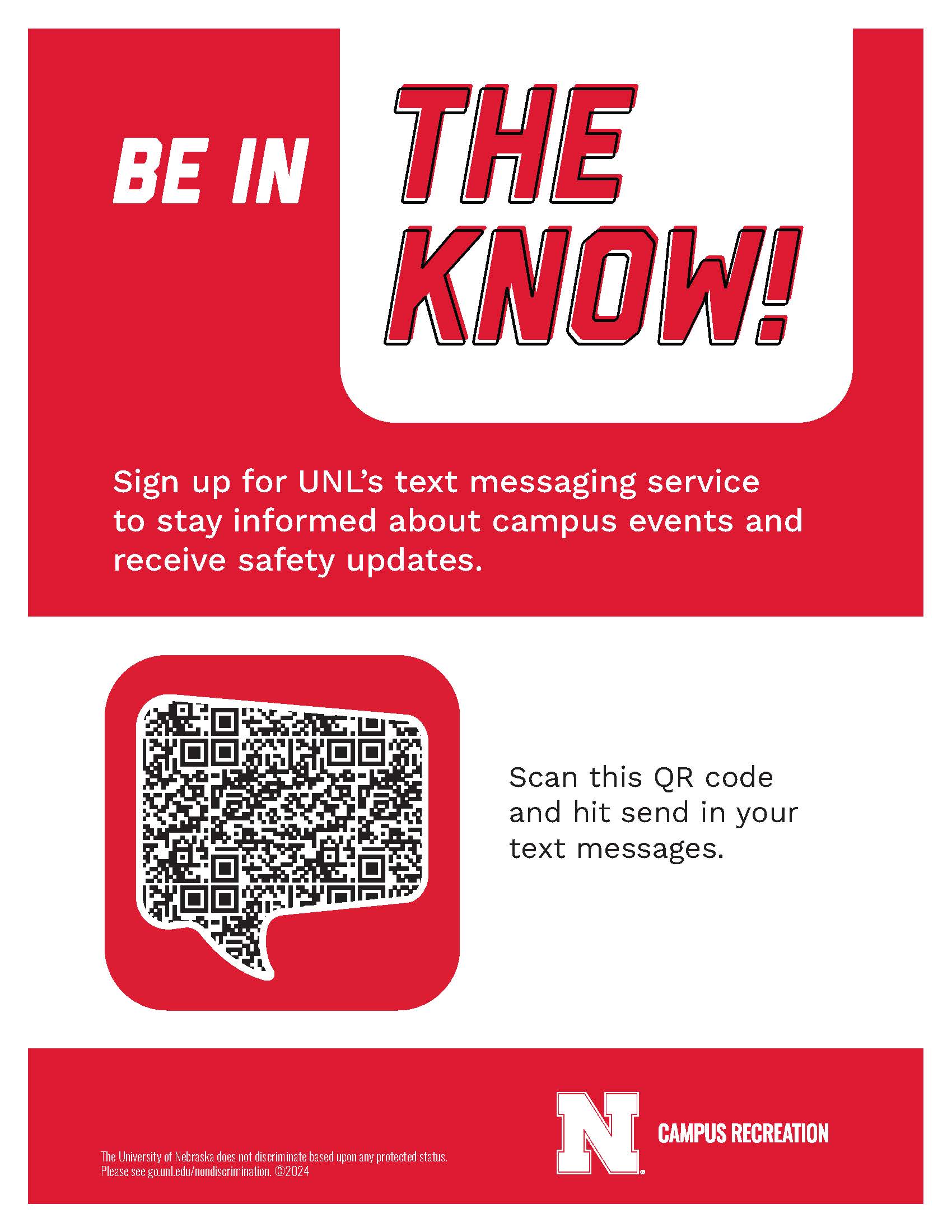 Flyer encouraging students to scan an SMS opt-in QR code to sign up for University of Nebraska-Lincoln text messages