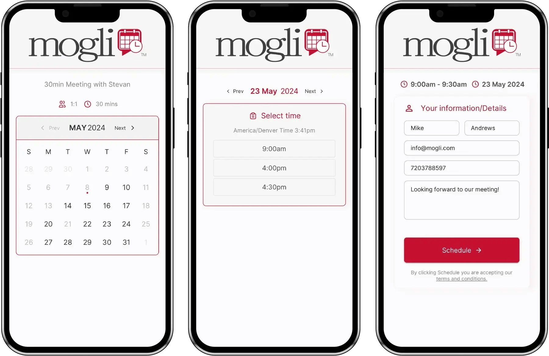 Three phone screens showing the scheduling features in Mogli, the top SMS marketing platform