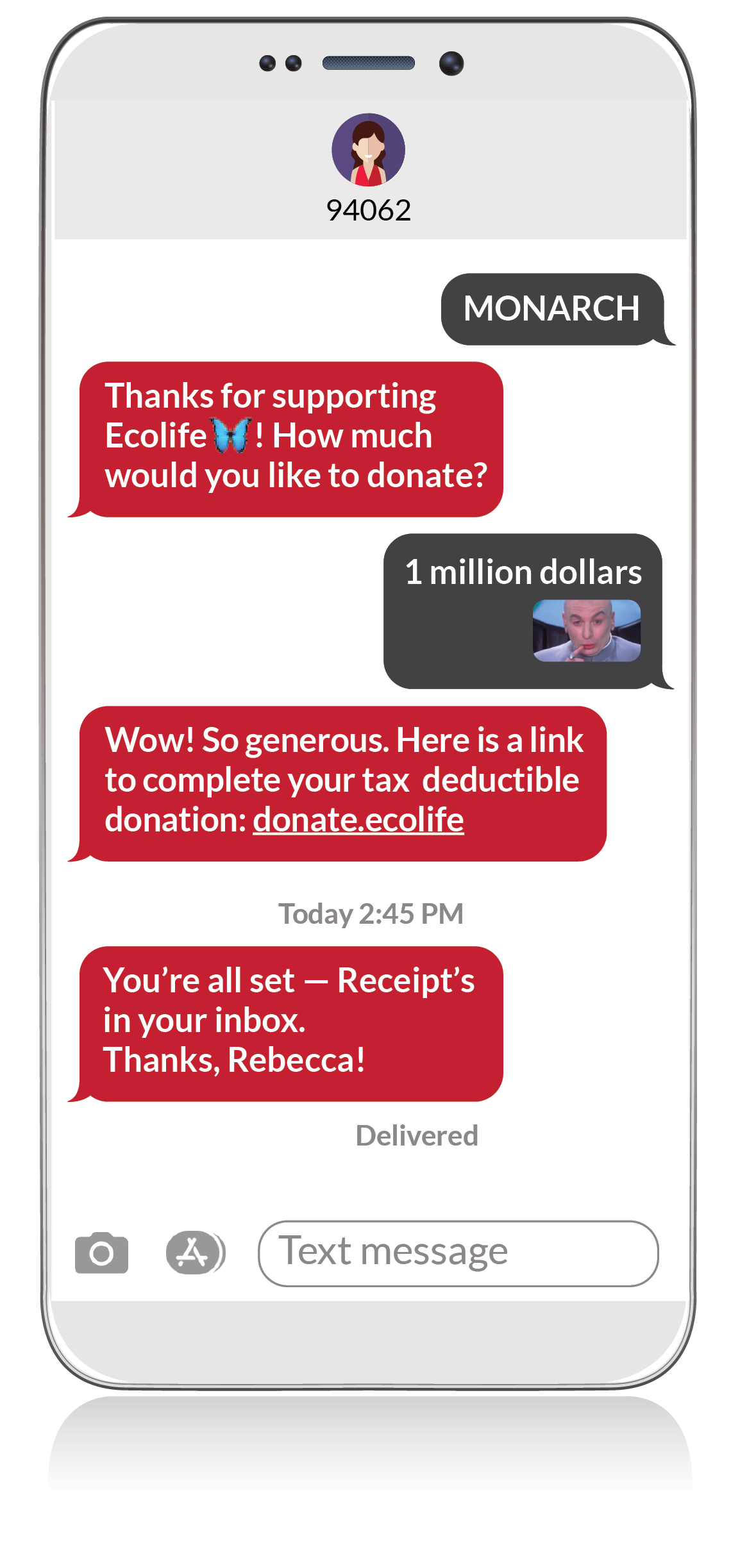 Example of a text conversation sent with the Mogli SMS for nonprofits app